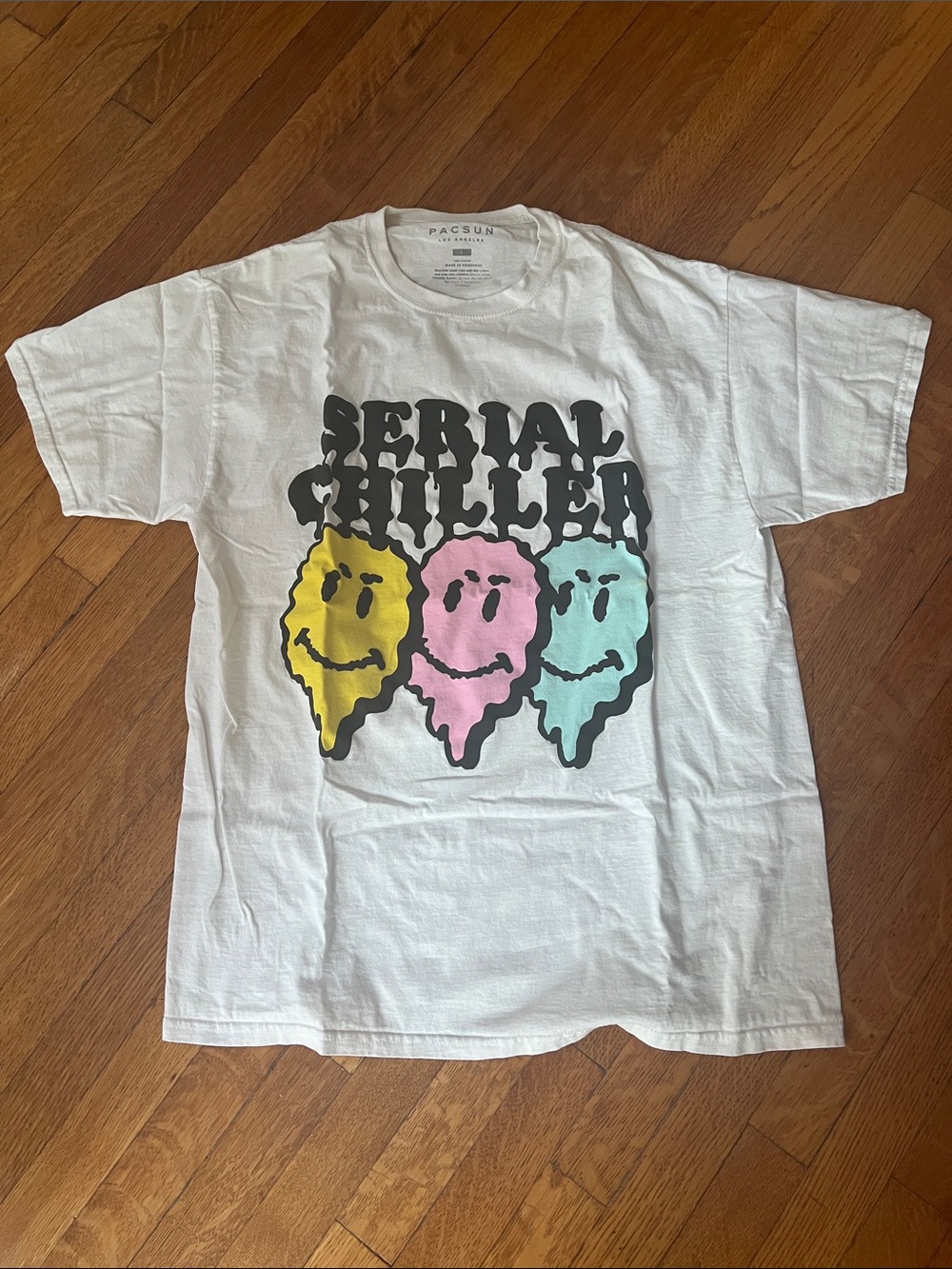 PacSun White 'Serial Chiller' Graphic Tee - Yellow Pink Blue Smiley Trio